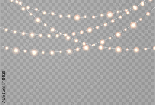 Christmas lights are isolated. Glowing lights for Xmas Holiday cards, banners, posters, and web design. String garlands decorations.