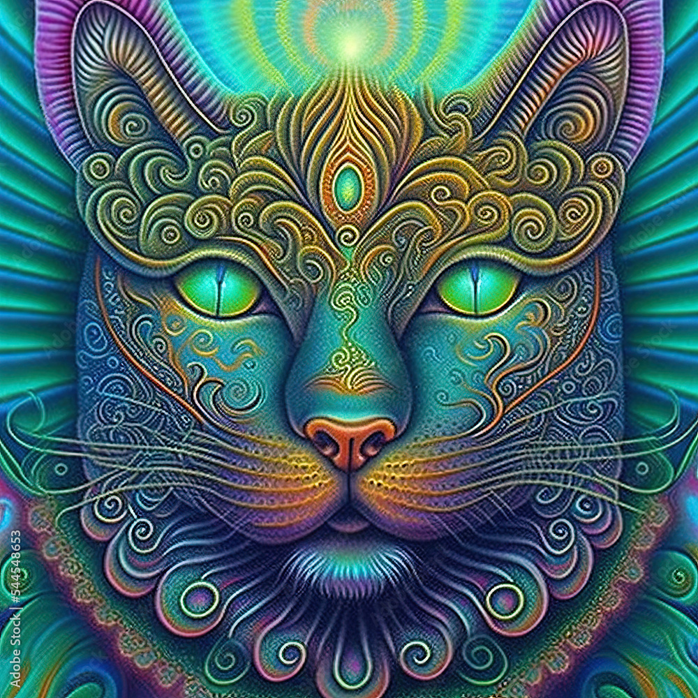 Buddhist cat, meditating cat, turquoise teal abstract cat, greeting card, meditation, yoga art, illustration, gen art