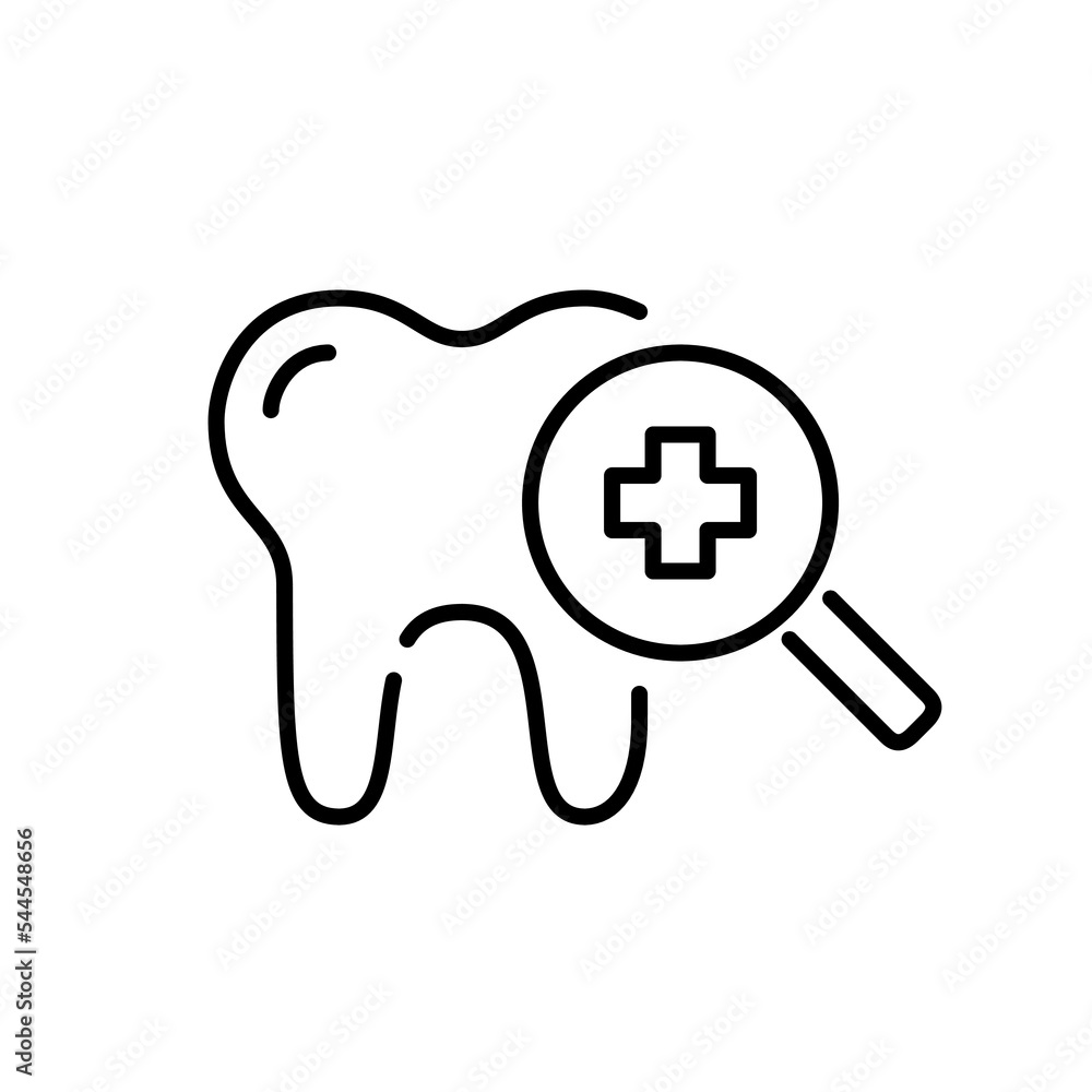 Dental check-up icon. Tooth with magnifying glass. Pixel perfect, editable stroke Dental check-up icon. Tooth with magnifying glass. Pixel perfect, editable stroke