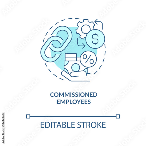 Commissioned employees turquoise concept icon. Percentage of deal. Payroll processing abstract idea thin line illustration. Isolated outline drawing. Editable stroke. Arial, Myriad Pro-Bold fonts used