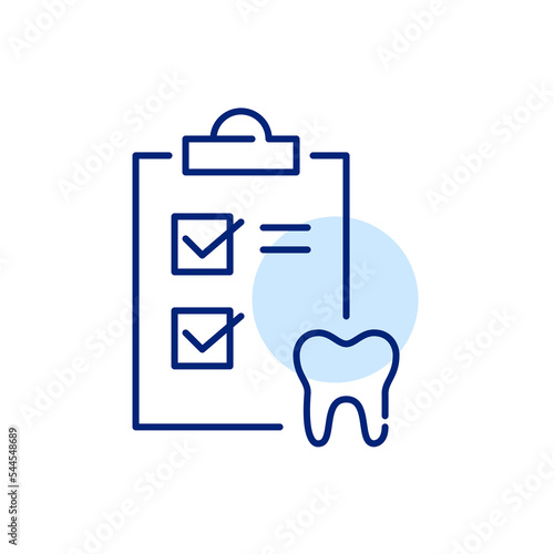 Dental check-up icon. Checklist on clipboard with tooth. Pixel perfect, editable stroke line icon