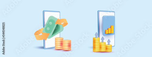 banking earning realistic vector icon set 3d render promotion, payment, card,mobile in colorful smart phone app concept. web atm save money wallet  investment money Business 