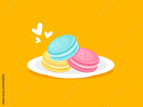 Vector illustration of delicious colorful macarons. Cartoon delicious food on plates, world sweets.