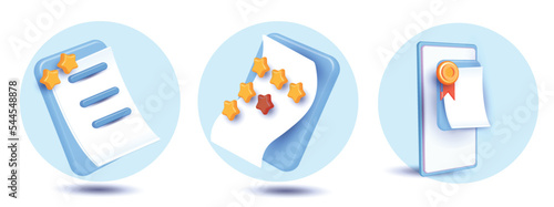 rating stars winner medal and ribbon Quality guarantee of product champion award clipboard blue 3d vector minimal sign concept work management colorful sheet icon note design business