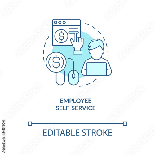 Employee self service turquoise concept icon. Payroll processing software advantage abstract idea thin line illustration. Isolated outline drawing. Editable stroke. Arial, Myriad Pro-Bold fonts used