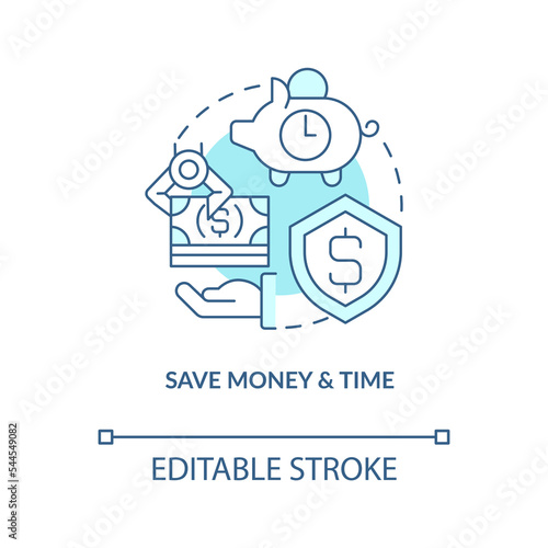 Save money and time turquoise concept icon. Payroll processing software benefit abstract idea thin line illustration. Isolated outline drawing. Editable stroke. Arial, Myriad Pro-Bold fonts used