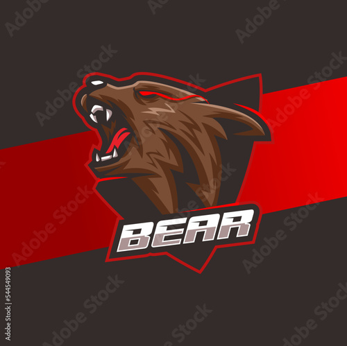 angry mad bear head logo mascot with shield label for powerful e-sport and sport design