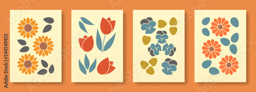 Vector illustration abstract still life of flowers in pastel colors. Isolated collection of flowers sunflower, tulip, violet, zinnia.