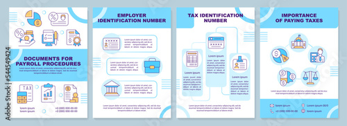 Documents for payroll procedures blue brochure template. Leaflet design with linear icons. Editable 4 vector layouts for presentation, annual reports. Arial-Black, Myriad Pro-Regular fonts used