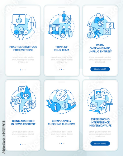 Media fatigue blue onboarding mobile app screen set. Infoxication walkthrough 3 steps editable graphic instructions with linear concepts. UI, UX, GUI template. Myriad Pro-Bold, Regular fonts used