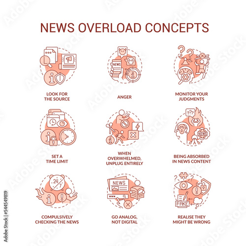 News overload red concept icons set. Negative effects of media. Information explosion idea thin line color illustrations. Isolated symbols. Editable stroke. Roboto-Medium, Myriad Pro-Bold fonts used