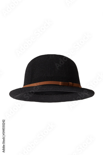 Close-up shot of a women's black woven bowler hat with a brown ribbon and a bow. The curved-brim woven summer hat is isolated on a white background. Bottom view.