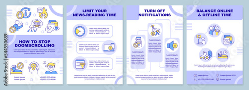 How to stop doomscrolling brochure template. News overload. Leaflet design with linear icons. Editable 4 vector layouts for presentation, annual reports. Arial-Black, Myriad Pro-Regular fonts used