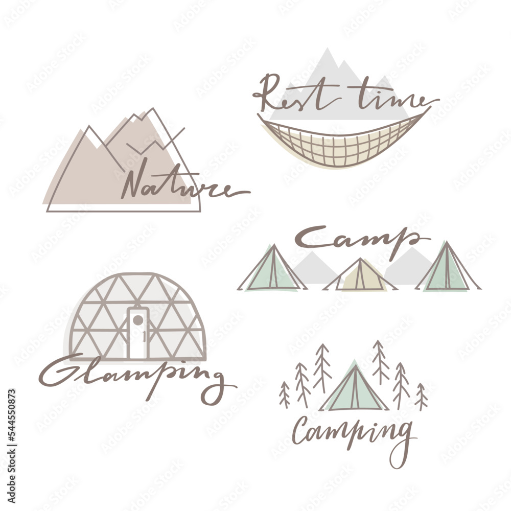 Set of outdoor summer camp, glamping, logo. Hand drawn and vector emblem designs. Great for shirts, stamps, stickers, logos, tags, labels