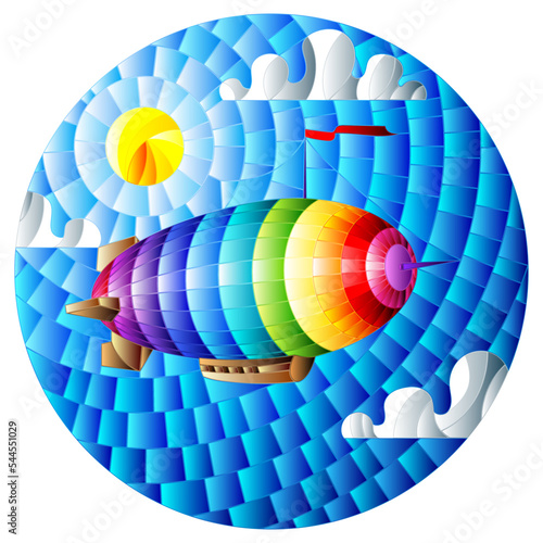 Illustration in stained glass style with balloon on sky, sun and clouds background, oval picture