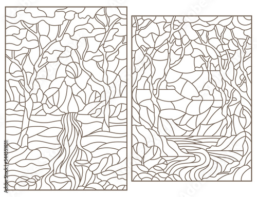 Set contour illustrations of stained glass in the stained glass style with scenery of wild nature, a mountain river , a dark outline on a white background