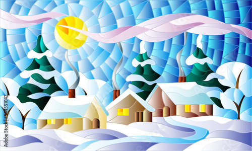 Illustration in a stained glass style with a winter landscape, cozy village houses against a snowdrift and a Sunny sky