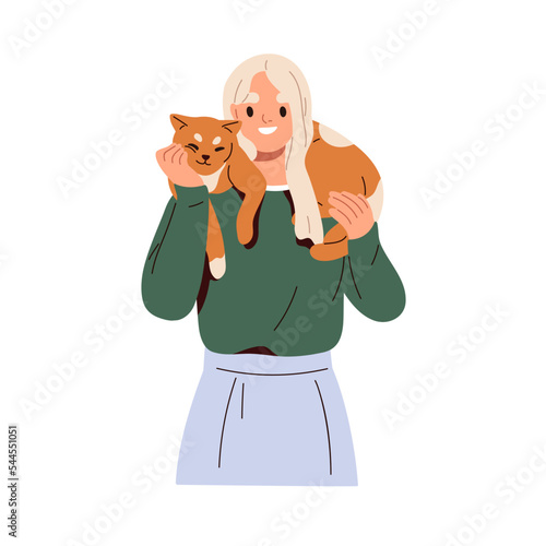 Cute cat lying on owners shoulders, around neck. Happy girl and adorable feli...