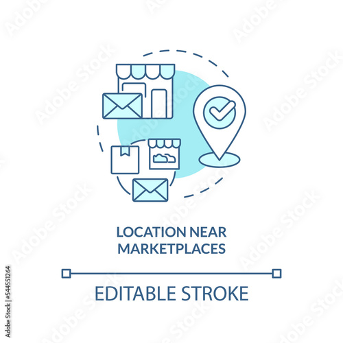 Location near marketplaces turquoise concept icon. Place of parcels dispatch abstract idea thin line illustration. Isolated outline drawing. Editable stroke. Arial, Myriad Pro-Bold fonts used