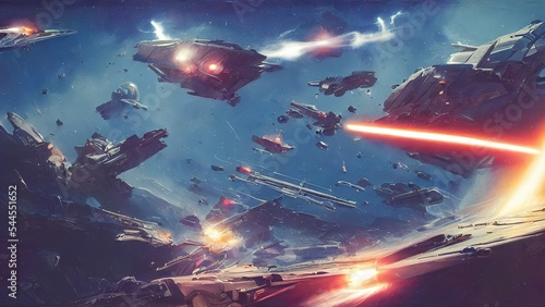 Fotografija Space battle of spaceships and battle cruisers, laser shots sparks and explosions