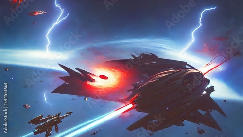 Foto Space battle of spaceships and battle cruisers, laser shots sparks and explosions