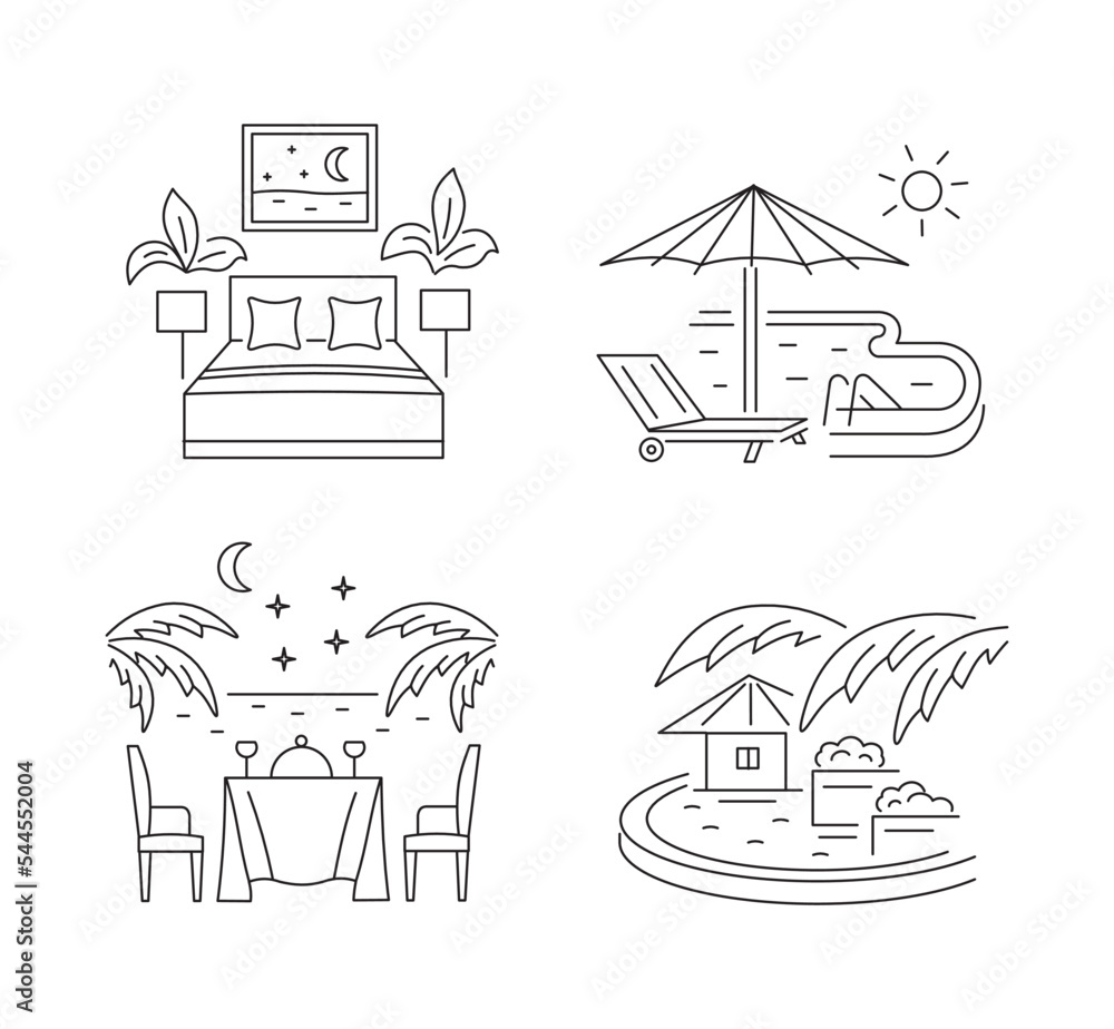 Rest in the resort and in the hotel. Night for two, sun lounger by the pool, evening romantic dinner, summer vacation. Linear icons on a white background.