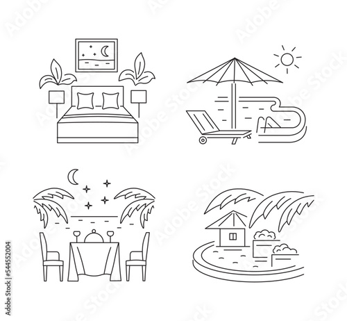 Rest in the resort and in the hotel. Night for two, sun lounger by the pool, evening romantic dinner, summer vacation. Linear icons on a white background.