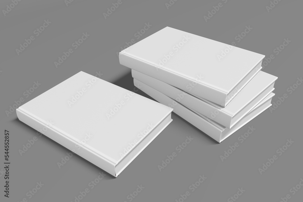 4 hardcover realistic book mockups. 3d realistic render of hard cover book mockup. Books standing on isolated gray background. - obrazy, fototapety, plakaty 