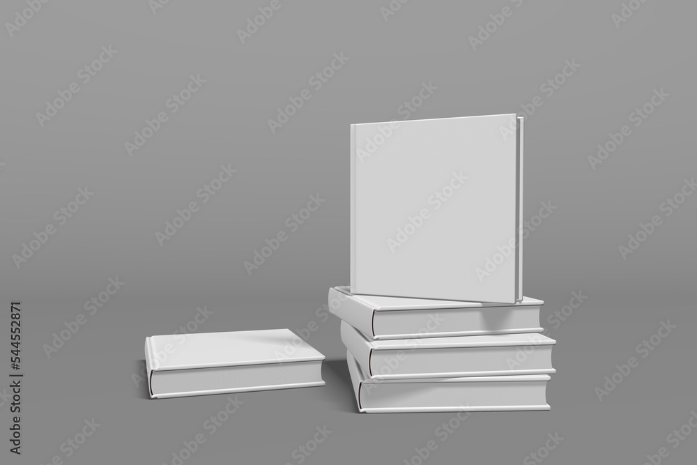 5 hardcover realistic square book mockups. 3d realistic render of hard cover book mockup. Books standing on isolated gray background. 5 hardcover realistic square book mockups. 3d realistic render of hard cover book mockup. Books standing on isolated gray background.