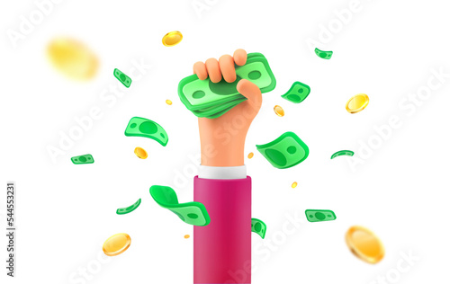 Jackpot winning celebration. Lottery winner vector illustration. Human hand catch stack of bills. Falling money and cartoon arm on white background. Design elements