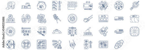 Collection of icons related to Sushi Japanese food, including icons like hamachi, octopus sushi,  Maki, Philly Roll, and more. vector illustrations, Pixel Perfect set
