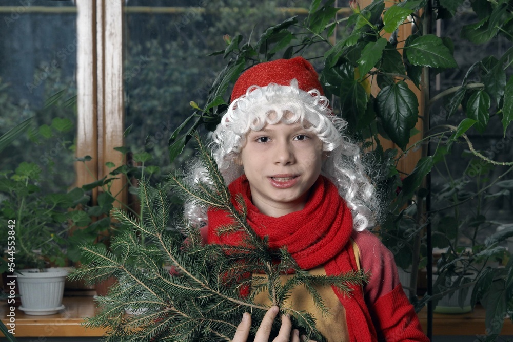 A funny smiling child in a Santa hat with a spruce branch, reminiscent of the approach of Christmas.