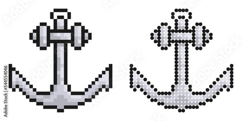 Pixel icon. Ship anchor. Safe anchorage of ships in port. Simple retro game vector isolated on white background