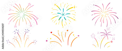 Set of new year festive firework vector illustration. Collection of vibrant colorful fireworks on white background. Art design suitable for decoration, print, poster, banner, wallpaper, card, cover.