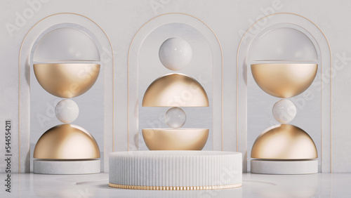 Abstract background for branding and product presentation. White marble cosmetic podium and abstract 3d sculptures. 3D rendering illustration. (ID: 544554211)