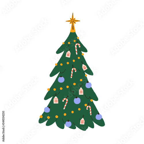 Christmas tree decorated with festive baubles, holiday garland, star topper. ...