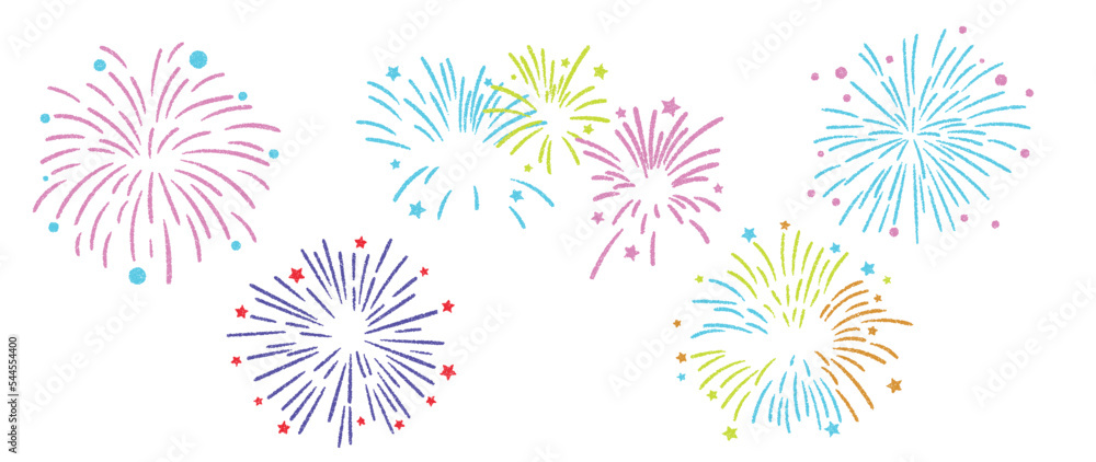 Set of new year festive firework vector illustration. Collection of vibrant colorful fireworks on white background. Art design suitable for decoration, print, poster, banner, wallpaper, card, cover.