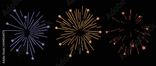 Set of new year firework vector illustration. Collection of bright glow golden fireworks, stars on black background. Art design suitable for decoration, print, poster, banner, wallpaper, card, cover. 