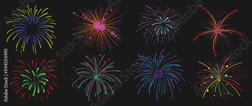 Set of new year firework vector illustration. Collection of glow vibrant colorful fireworks on black background. Art design suitable for decoration, print, poster, banner, wallpaper, card, cover. 