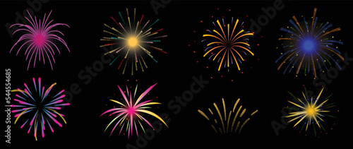 Set of new year firework vector illustration. Collection of glow vibrant colorful fireworks on black background. Art design suitable for decoration, print, poster, banner, wallpaper, card, cover. 