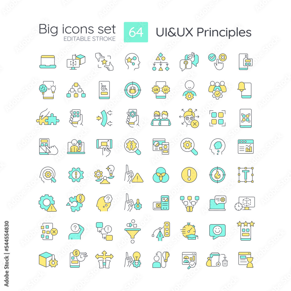 UI UX principles RGB color big icons set. User experience design. Product usability. Isolated vector illustrations. Simple filled line drawings collection. Editable stroke. Quicksand-Light font used UI UX principles RGB color big icons set. User experience design. Product usability. Isolated vector illustrations. Simple filled line drawings collection. Editable stroke. Quicksand-Light font used