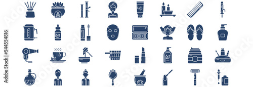 Collection of icons related to Spa and salon, including icons like Aroma, Bamboo, Beauty, Body Lotion and more. vector illustrations, Pixel Perfect set
