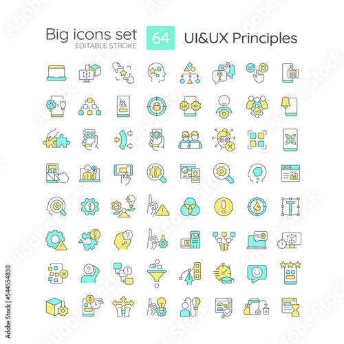 UI UX principles RGB color big icons set. User experience design. Product usability. Isolated vector illustrations. Simple filled line drawings collection. Editable stroke. Quicksand-Light font used