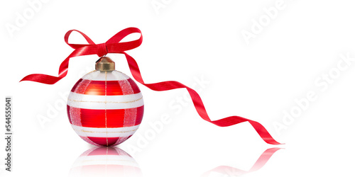 Red striped Christmas decoration bauble with ribbon bow on transparent background PNG.. Xmas glass ball on white. Holiday decoration template. Shiny Christmas Bulb with red spiral ribbon.