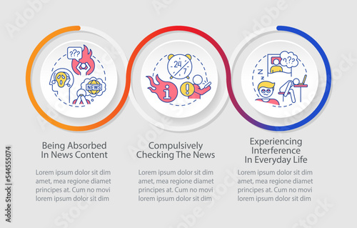 Reading news nonstop issue loop infographic template. Information explosion. Data visualization with 3 steps. Timeline info chart. Workflow layout with line icons. Myriad Pro-Regular font used