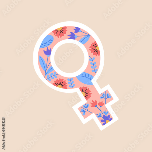 Venus symbol feminism sticker, female sex icon with colorful flowers, pink gender sign. Women's rights concept. Hand drawn vector illustration isolated on color background, modern flat cartoon style