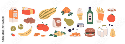 Food, eating products. Groceries set, fresh vegetables, fruits, milk, cheese, oil bottle and icecream. Potato, apple and french fries. Flat graphic vector illustrations isolated on white background