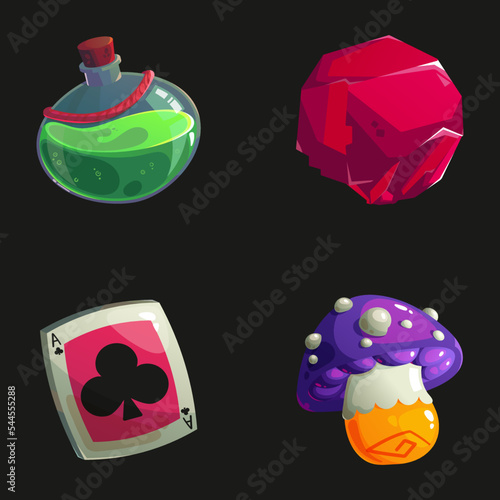 Set of four icons with items. Handmade stickers. Bright cartoon elements for game design, gambling with magic potion, gem, playing cards, fantasy mushroom.