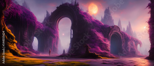 Artistic concept illustration of a portal to the other dimension on planet landscape, background illustration.