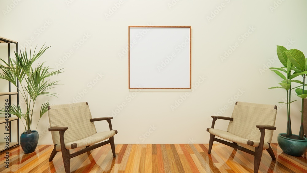 Poster frame in living room with armchair. 3d rendering Poster frame in living room with armchair. 3d rendering
